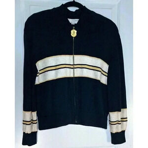 ST JOHN COLLECTION Black Gold White Stripe Zip Front Bomber Jacket Women M